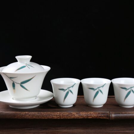 Blue Bamboo on White Porcelain Gaiwan and Cups