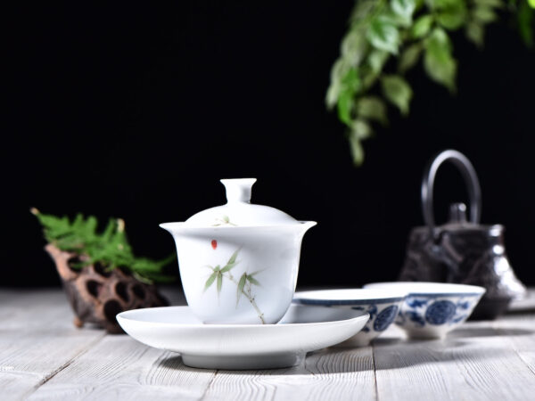 "Bamboo on White" Gaiwan and Tea Boat for Elegant Gong Fu Tea Brewing