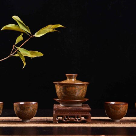 Jianzhan "Tortoise Shell" Hand-Made Stoneware Gaiwan and Cups